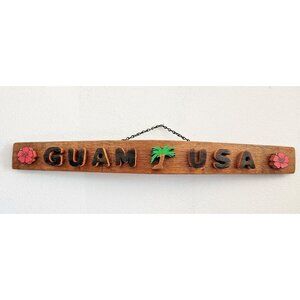 Wood Sign Wine Stave says "Guam USA"   Flowers Palm Tree Letters Cut Stave Made